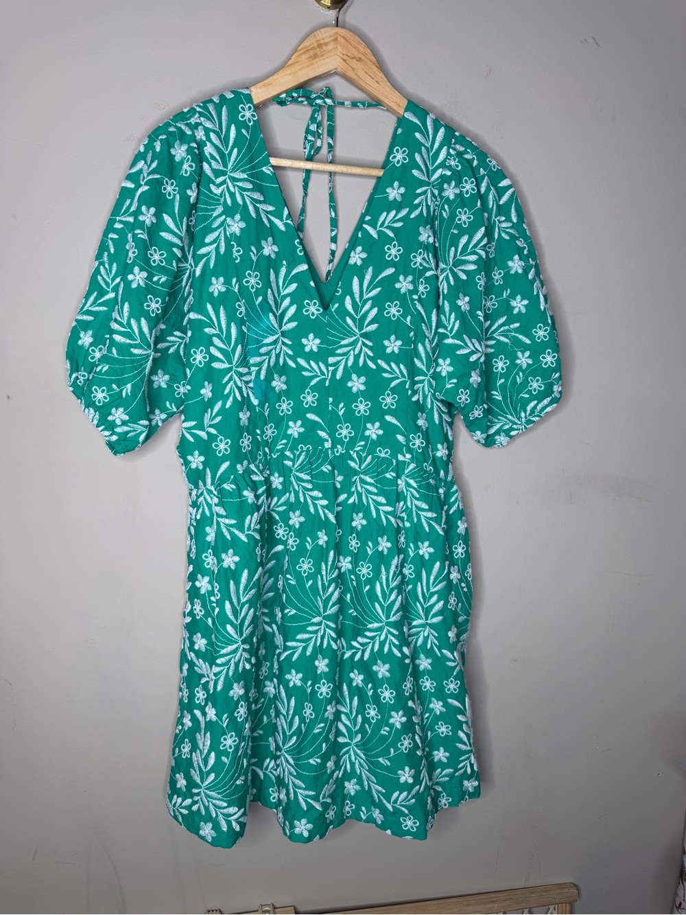 Draper‎ James Green White Floral Embroidered V-Neck Puff Sleeve Dress Med